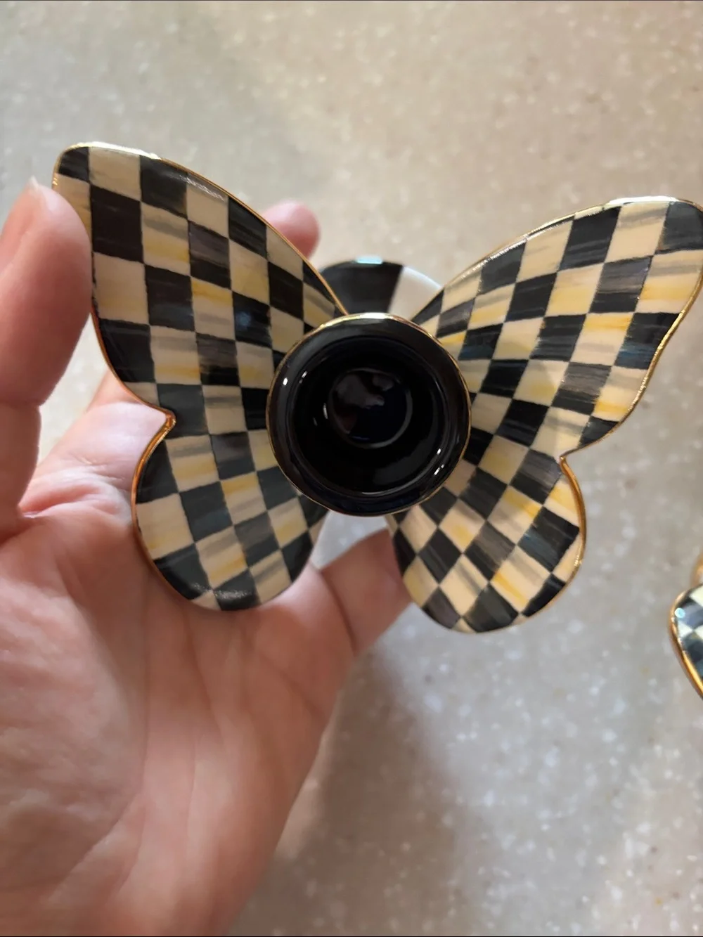 MacKenzie-Childs Checkered Butterfly Candleholders in Black & Cream